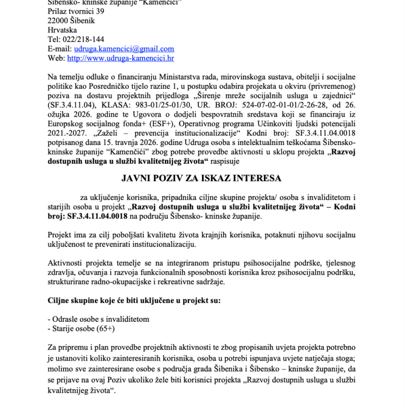 JAVNI POZIV ZA ISKAZ INTERESA 01 - Udruga Kamenčići